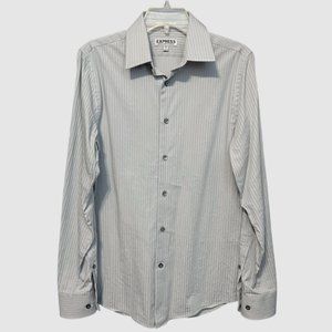 Express Men's Fitted Stretch Button Down Light Grayish-Green Stripe-Size Small